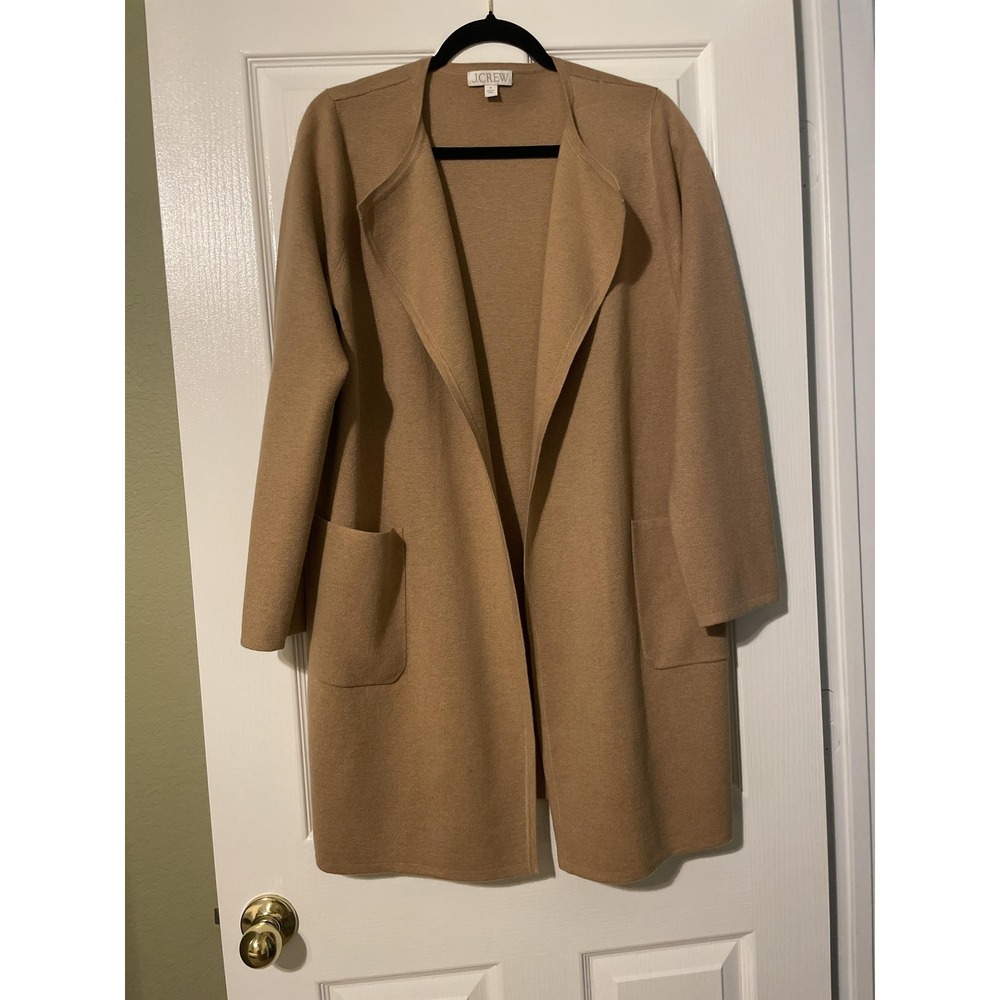 J Crew‎ Coatigan Womens Medium Beige Knit Open Front Pockets Merino Wool